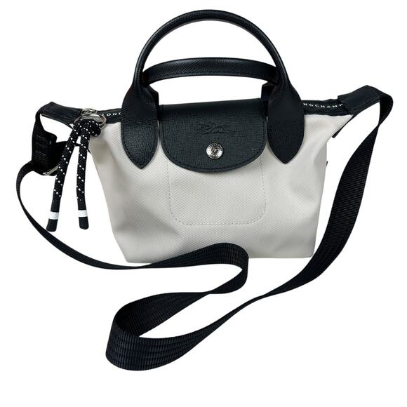 Longchamp Le Pliage Energy XS Top Handle Black Leather Handle Canvas Bag - Picture 1 of 7
